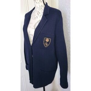 Vtg Lauren Ralph Lauren navy blue knit cardigan blazer w crest, ladies' size L